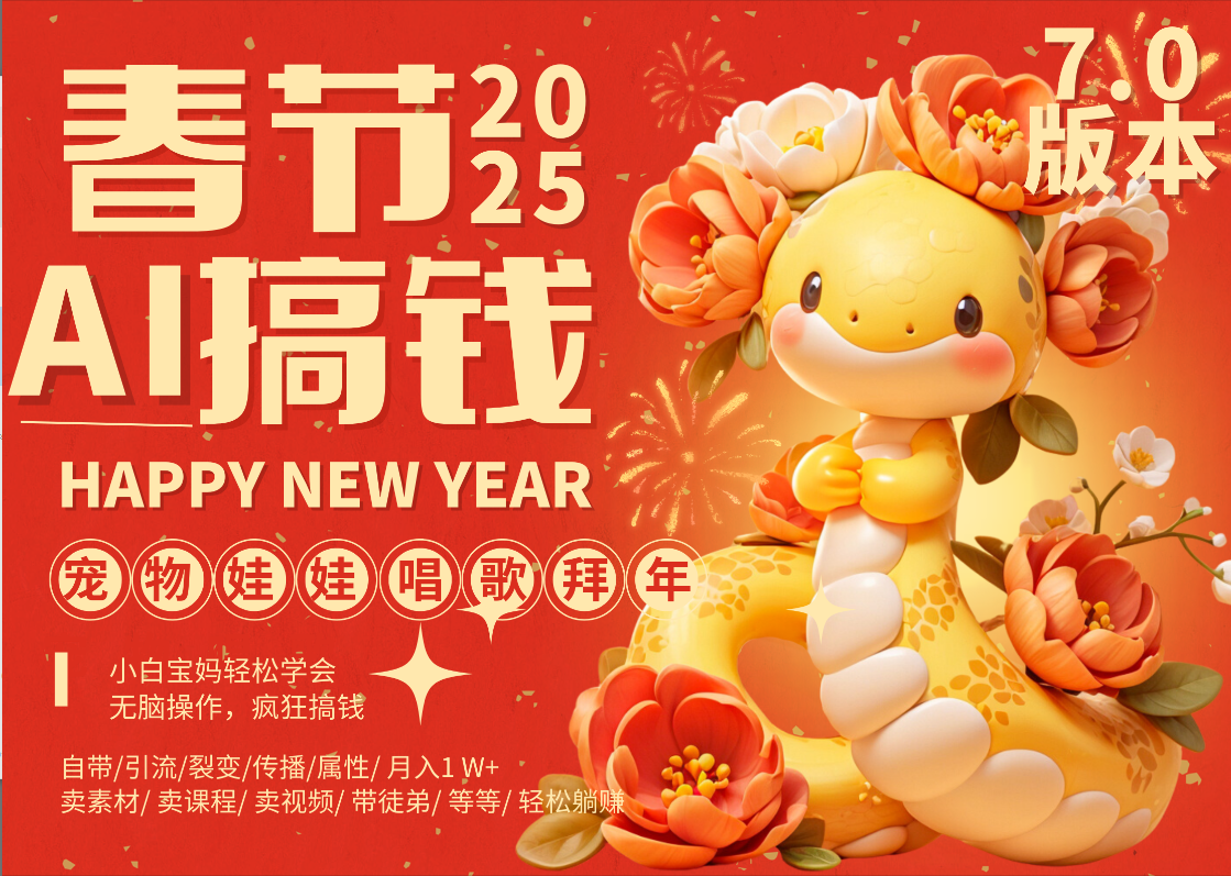 AI春节搞钱7.0升级版 蝴蝶号超火爆萌宠唱歌拜年  AI一键制作 批量出内容   春节做轻松躺赚 每日轻松十分钟  月赚米1W+  抓紧冲！可做视频 可卖素材只带小白和宝妈！创业之家-网创项目资源站-副业项目-创业项目-搞钱项目创业之家