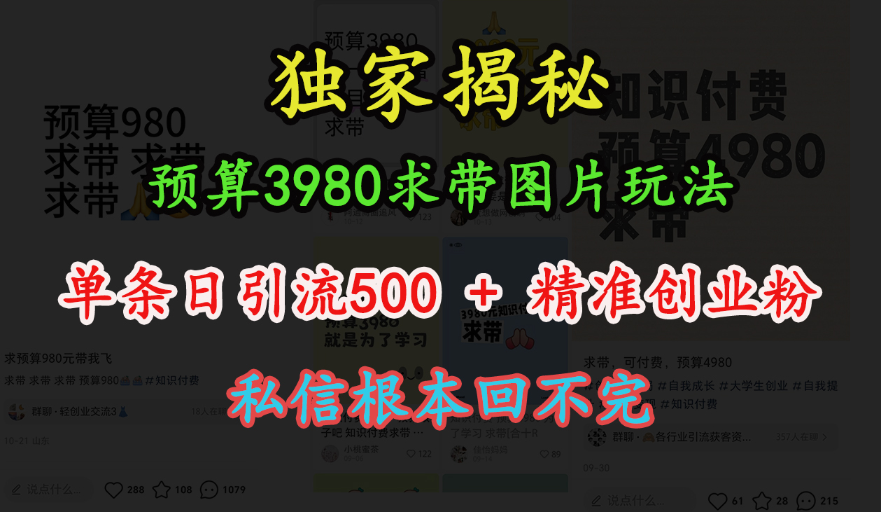 “小红书”预算3980求带 图片玩法，单条日引流500+精准创业粉，私信根本回不完创业之家-网创项目资源站-副业项目-创业项目-搞钱项目创业之家
