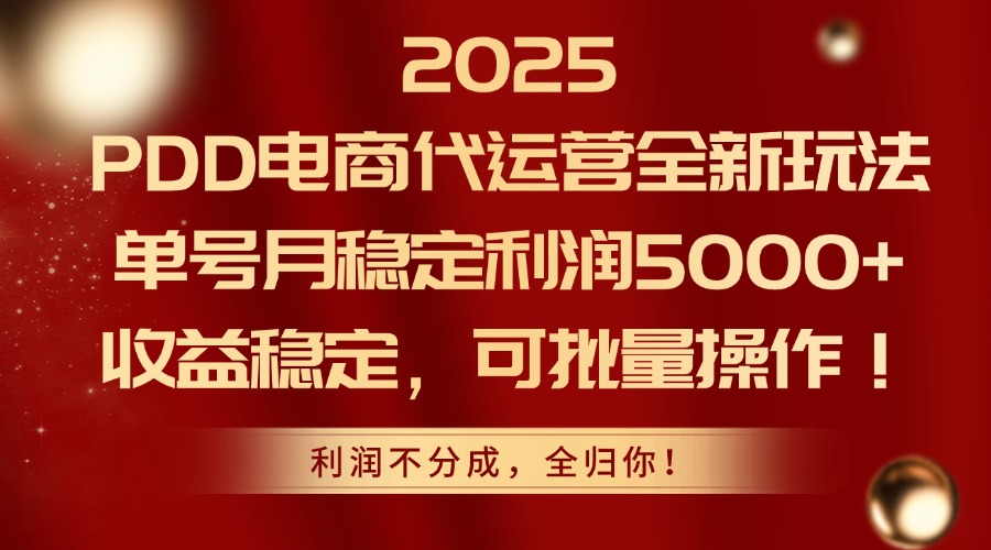 2025 PDD电商代运营全新玩法，单号月稳定利润5000+，收益稳定，可批量操作！创业之家-网创项目资源站-副业项目-创业项目-搞钱项目创业之家