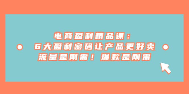 电商 盈利精品课：6大盈利 密码让产品更好卖，流量是刚需！爆款是刚需创业之家-网创项目资源站-副业项目-创业项目-搞钱项目创业之家