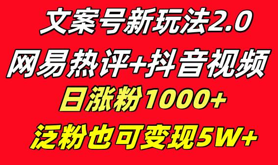 文案号新玩法 网易热评+抖音文案 一天涨粉1000+ 多种变现模式 泛粉也可变现创业之家-网创项目资源站-副业项目-创业项目-搞钱项目创业之家
