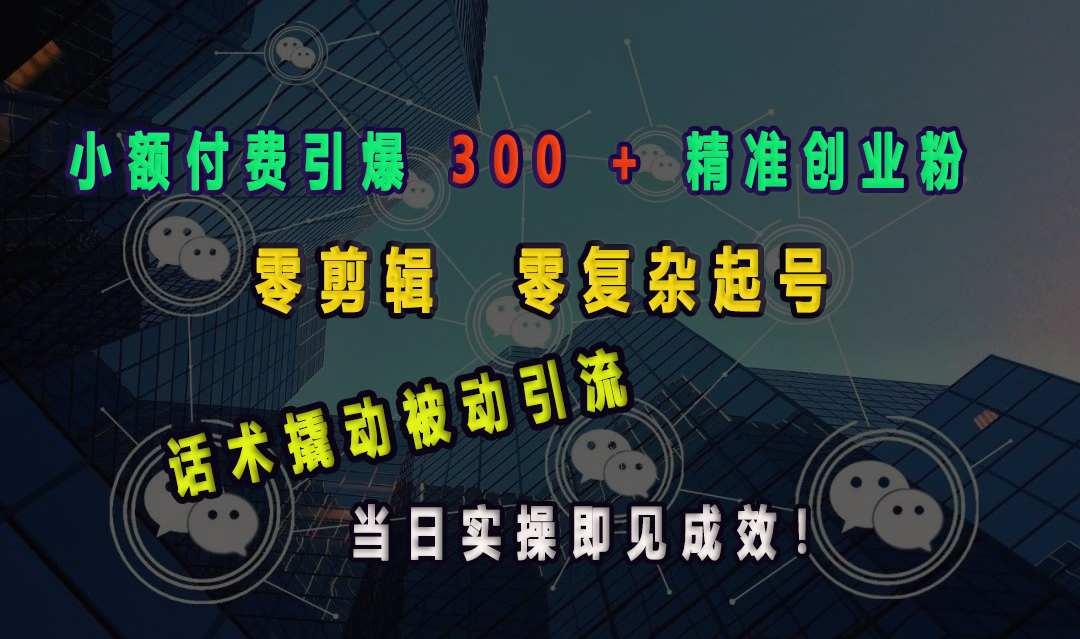 小额付费引爆 300 + 精准创业粉，零剪辑、零复杂起号，话术撬动被动引流，当日实操即见成效！创业之家-网创项目资源站-副业项目-创业项目-搞钱项目创业之家