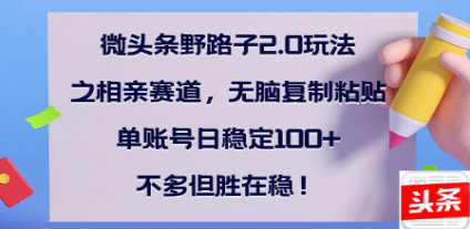 全网首发微头条野路子2.0玩法之相亲赛道，无脑搬砖复制粘贴，单账号日稳定300+保姆级教程创业之家-网创项目资源站-副业项目-创业项目-搞钱项目创业之家