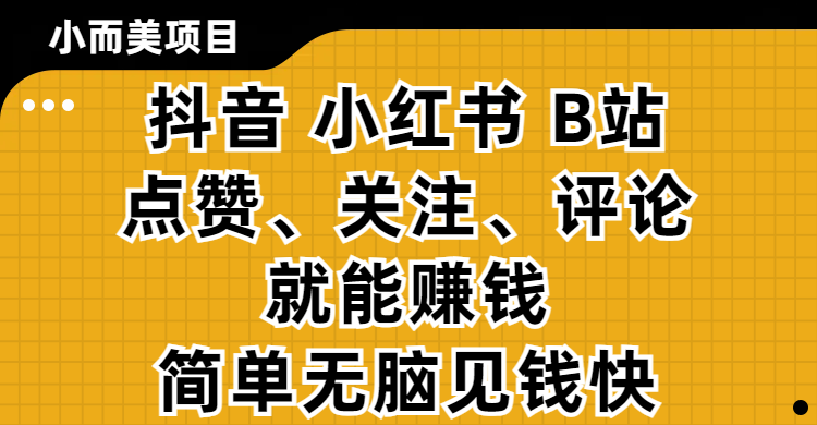 小而美的项目，抖音、小红书、B站视频点赞、关注、评论就能赚钱，简单无脑立见收益！妥妥的零撸项目创业之家-网创项目资源站-副业项目-创业项目-搞钱项目创业之家