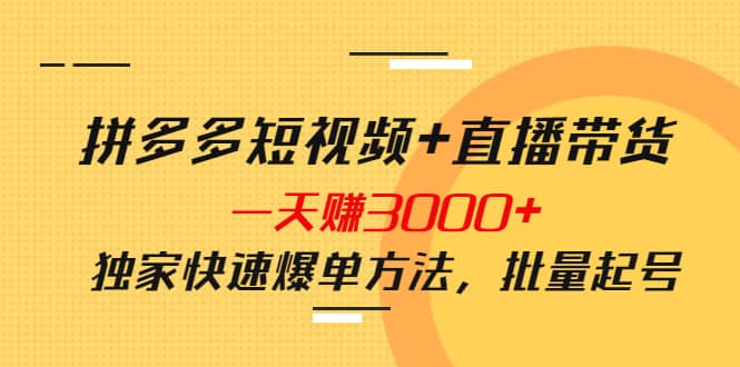 拼多多短视频+直播带货，一天赚3000+独家快速爆单方法，批量起号创业之家-网创项目资源站-副业项目-创业项目-搞钱项目创业之家